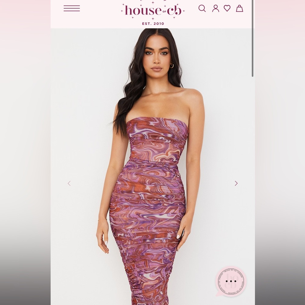 House of CB Sasha purple swirl strapless ruched midi